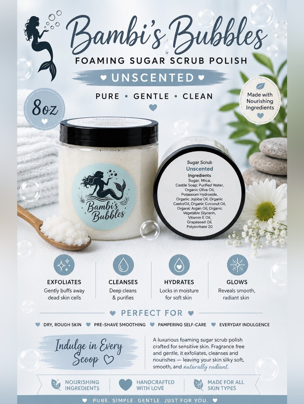 New! Hand Crafted Unscented Foaming Sugar Scrub Polish